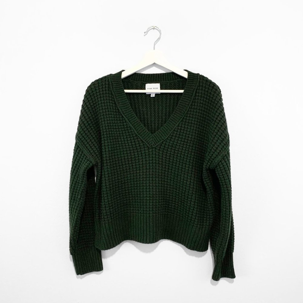 Pink Rose Woman's V-neck Knit Sweater Hunter Green Bohemian Comfy Warm Large